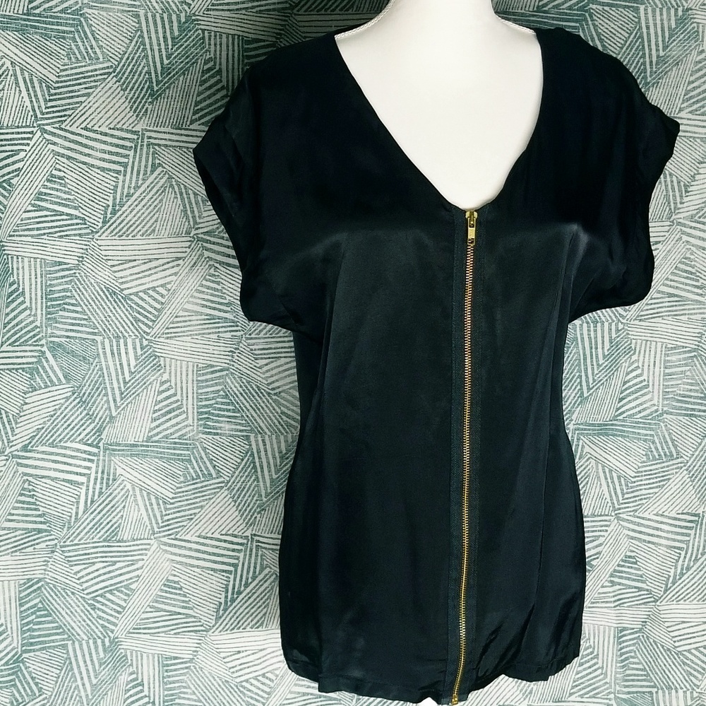 TOPSHOP Black Satin Finish Front zipper Top Sz 6